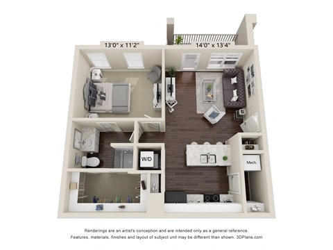 Floor plan for 1 bed, 1 bath, 705 sqft
